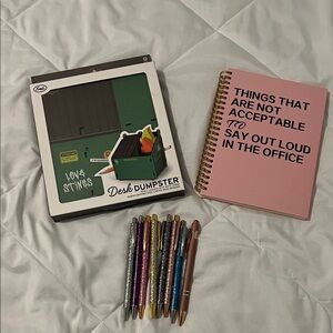 Pink Office Journal and Green Pen Organizer Set plus Days of the Week pens.